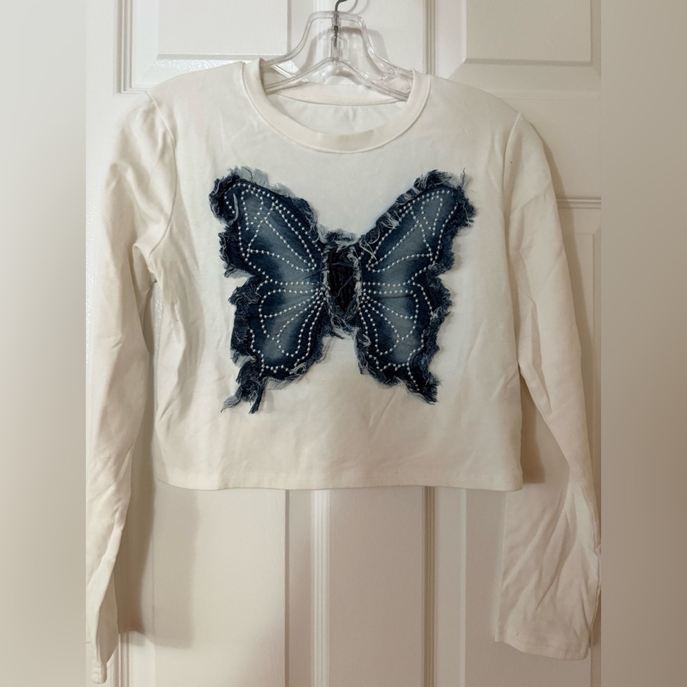 T229- White Crop Top with Blue Butterfly Design